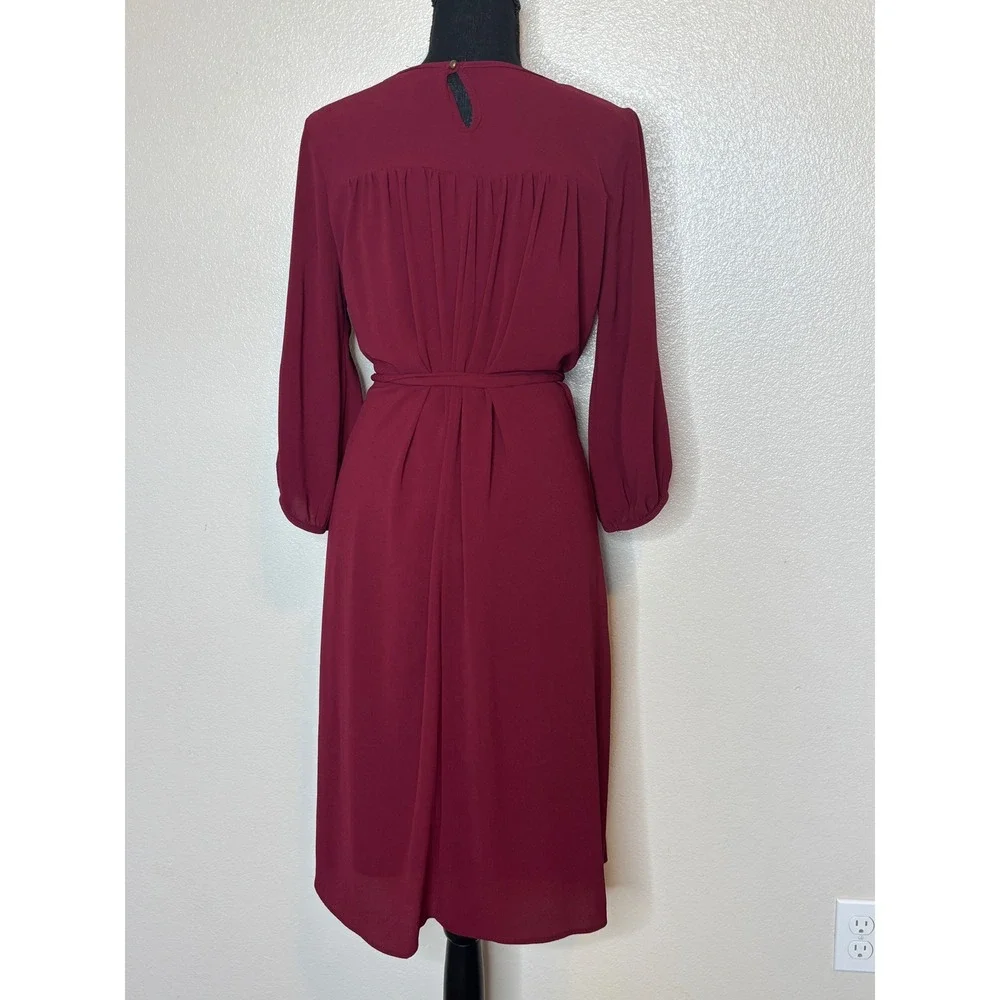 Downeast Burgundy Long Sleeve Belted Midi Dress Round Neck Maroon Large USA - Picture 3 of 8